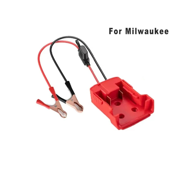 Red battery terminal adapter with clamps and wires on a white background, labeled 'For Milwaukee'.