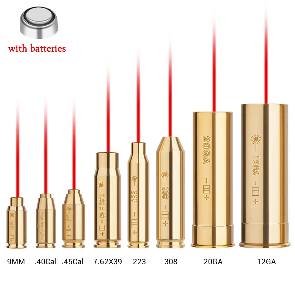 Set of gold cartridge boresight indicators with red laser lines and battery icon on white background.