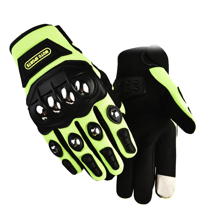 Pair of black and green gloves with text on a white background