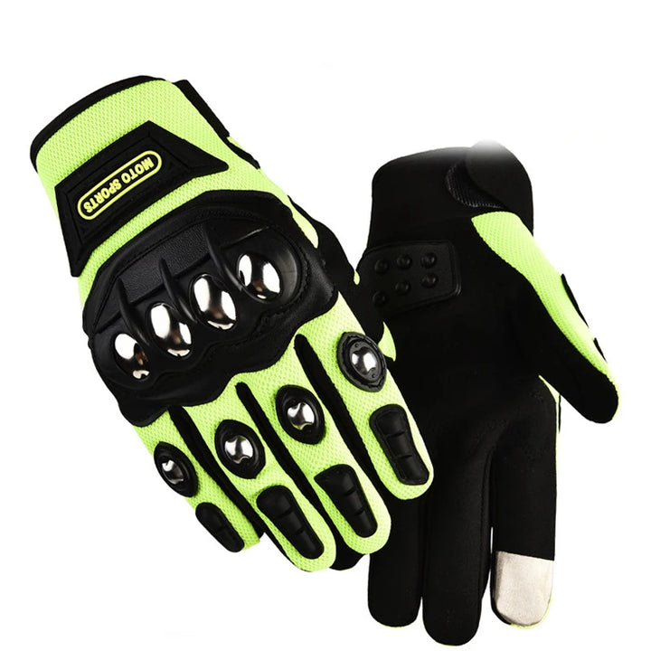 Pair of black and green gloves with text on a white background