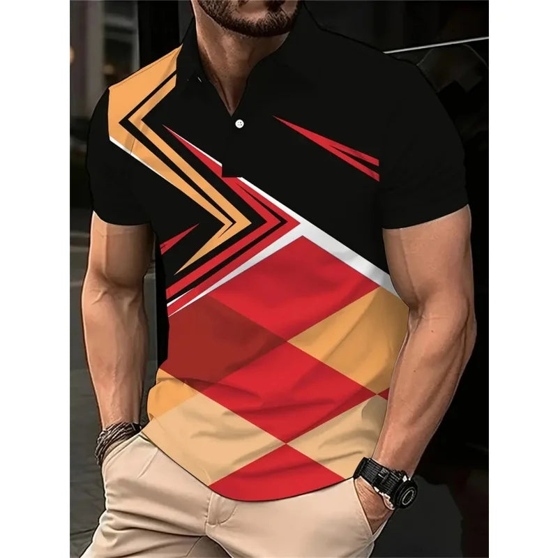 SmartGearPros 3D Printed Colorful Striped Polo Shirt – Geometric Pattern