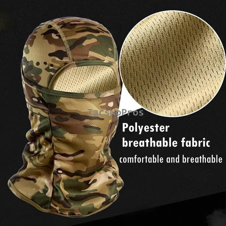 Camouflage balaclava with close-up of breathable fabric on a black background