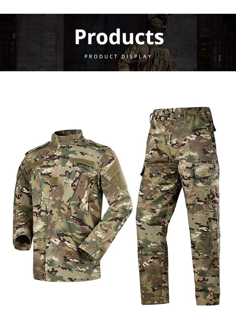 Camouflage military uniform with shirt and pants on a white background