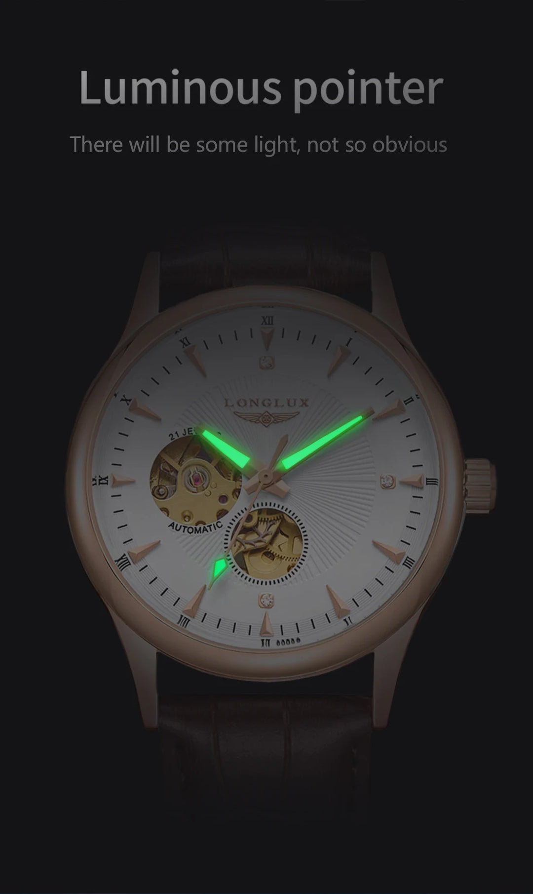 Back view with transparent case revealing automatic movement