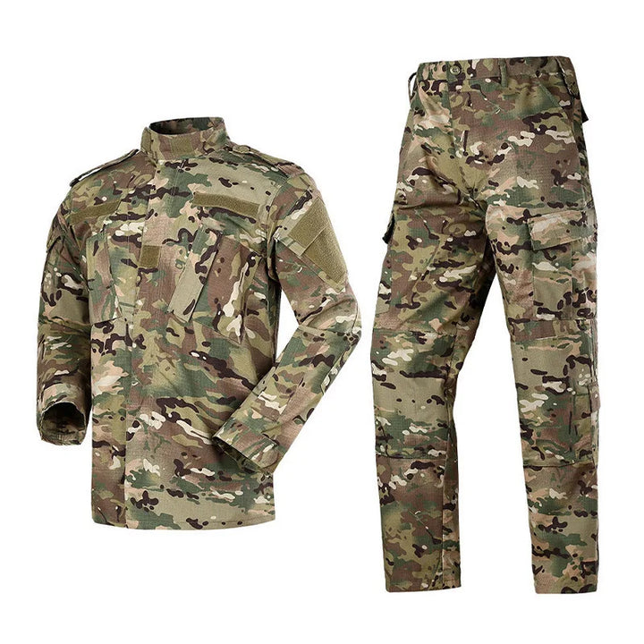 Camouflage military uniform with shirt and pants on a white background