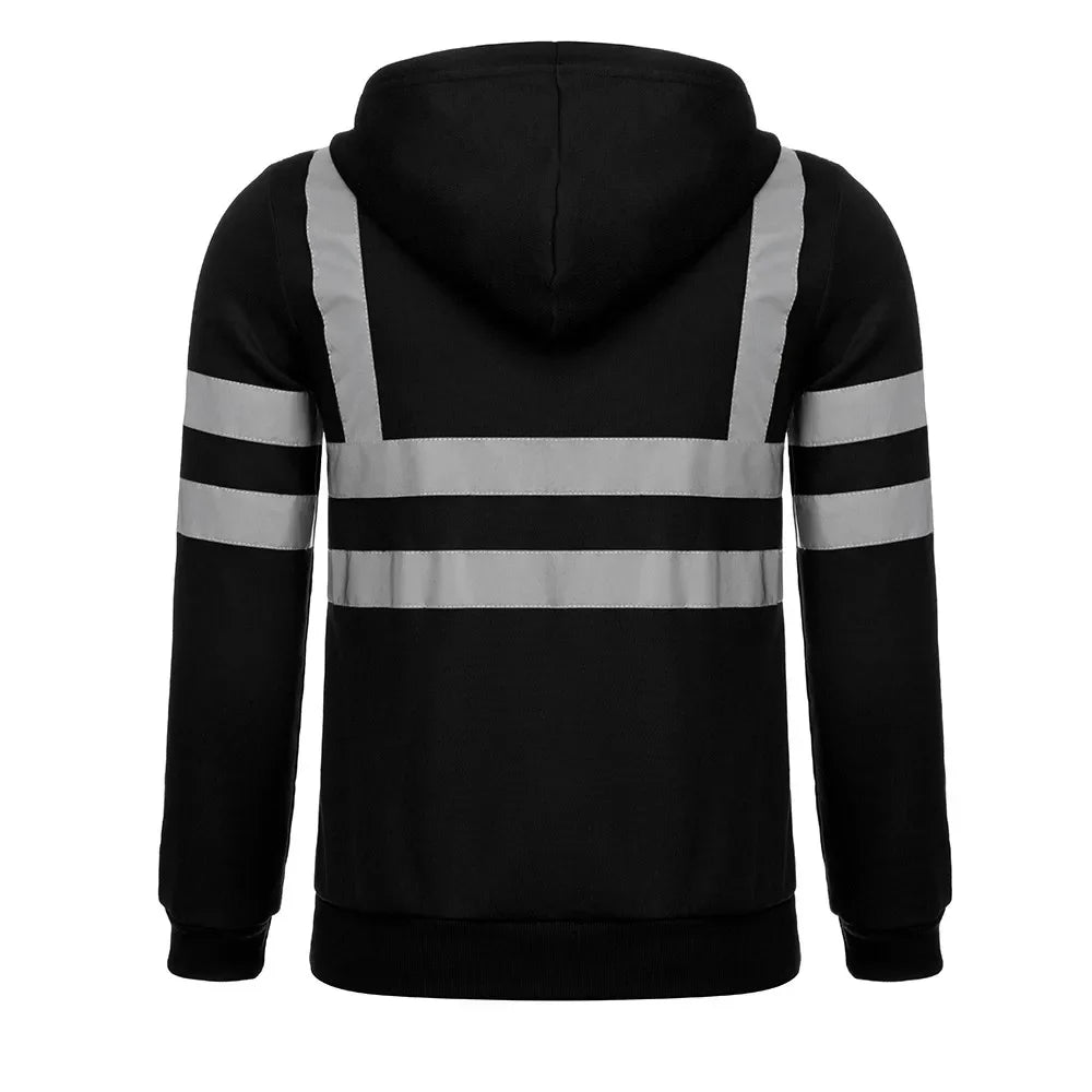 Black hoodie with reflective silver stripes on a white background