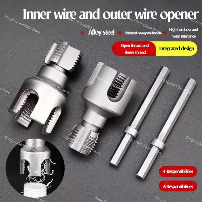 Set of alloy pipe or bolt threaders with text on a gray background
