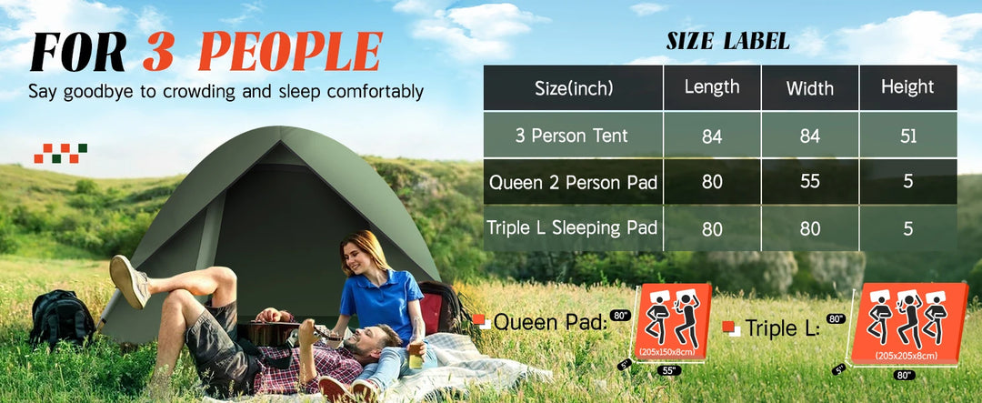 Camping tent and related products with size chart on a grassy field background