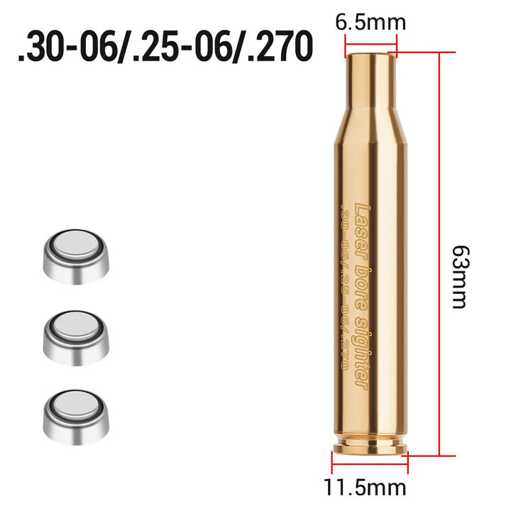 Gold laser bore sighter with measurements on a white background