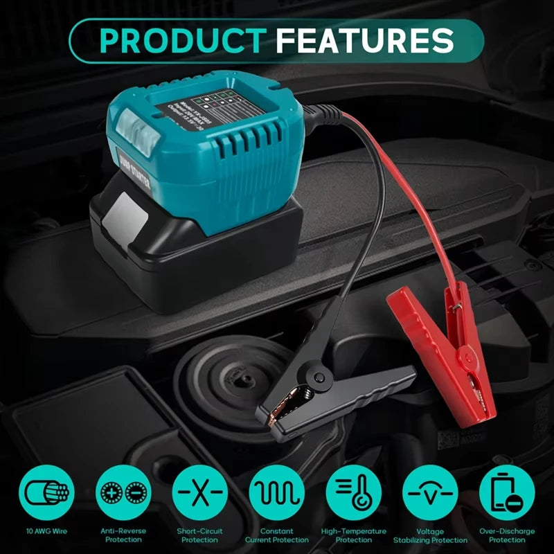 Car jump starter with clamps on a car dashboard, featuring product features.