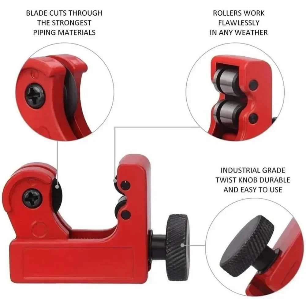 Red pipe cutter with features highlighted on a white background