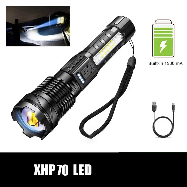 Powerful Xhp50 Led Flashlight Waterproof 18650 Torch With Side Light 7 Modes Camping Fishing Lantern Usb Rechargeable Zoom Lamp product image showing features or usage