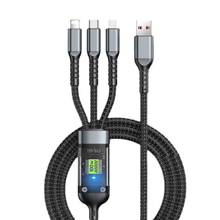 SmartGearPros SmartGearPros 3-in-1 100W Fast Charging Cable – USB C, Micro USB & Lightning with Transparent LED Chip for Samsung, iPhone, Huawei & More