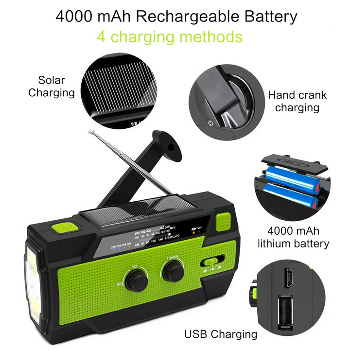 SmartGearPros Emergency Weather Radio - FM AM WB Hand Crank Solar USB Charging 2000mAh Power Bank LED Flashlight