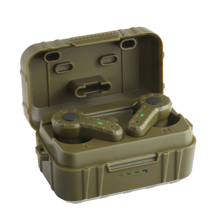 Green wireless earbuds in an open case on a white background