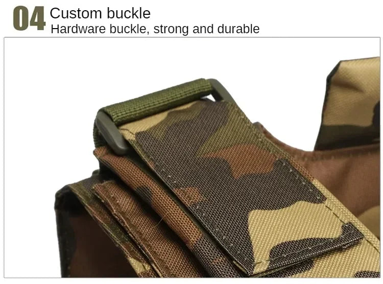 Camouflage bag with a custom buckle labeled '04 Custom buckle'.