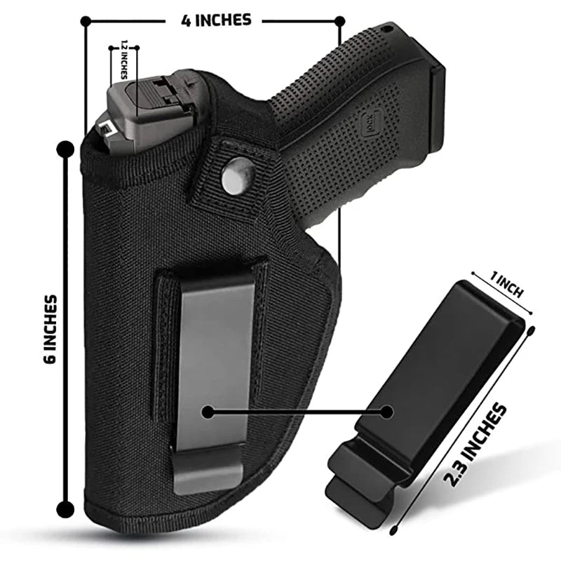 Black gun holster with measurements on a white background