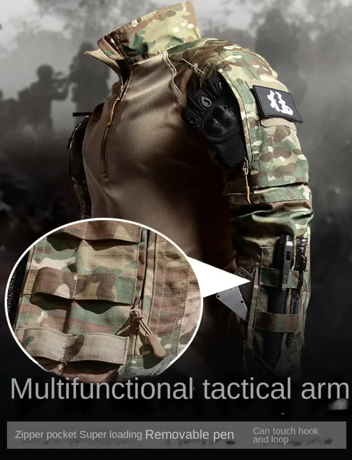 Multifunctional tactical arm with camouflage design and additional features.