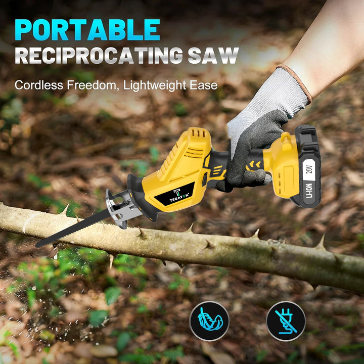 Person using a portable reciprocating saw to cut a branch outdoors.