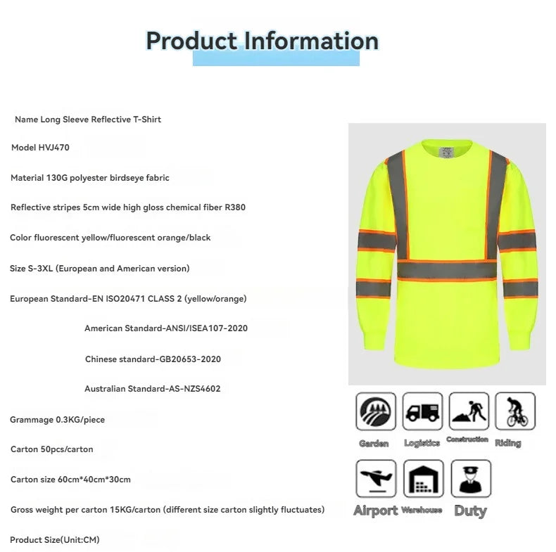 Long-sleeve reflective t-shirt with safety stripes on a white background, featuring product information.