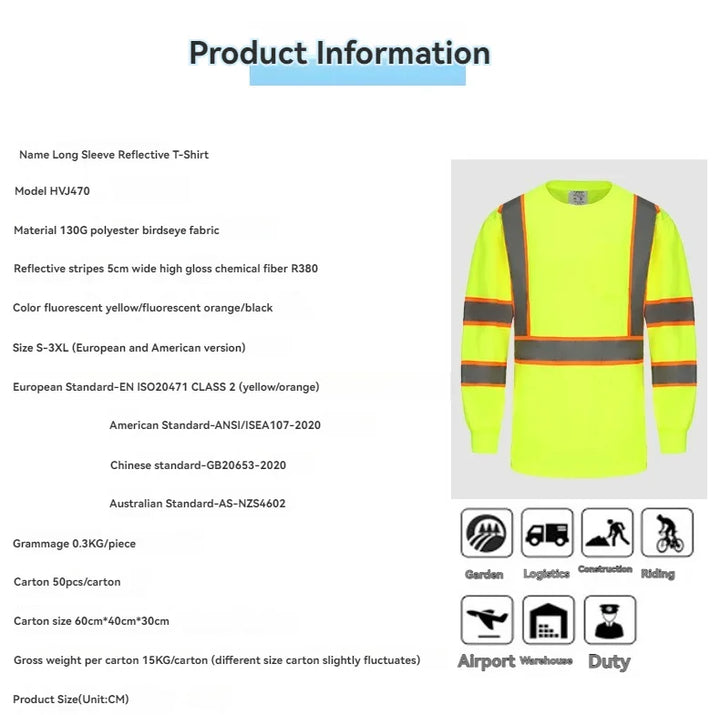 Long-sleeve reflective t-shirt with safety stripes on a white background, featuring product information.
