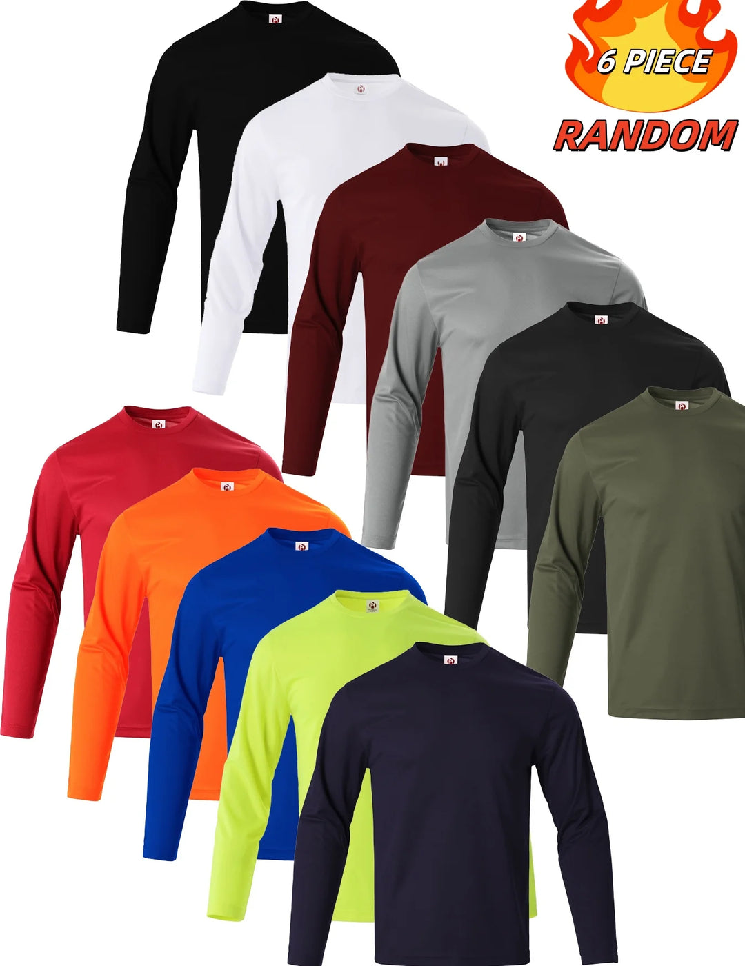 Assorted long-sleeve shirts in various colors with a '6 Piece Random' label.