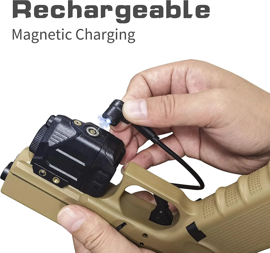 Hand holding a rechargeable device with magnetic charging feature on a white background