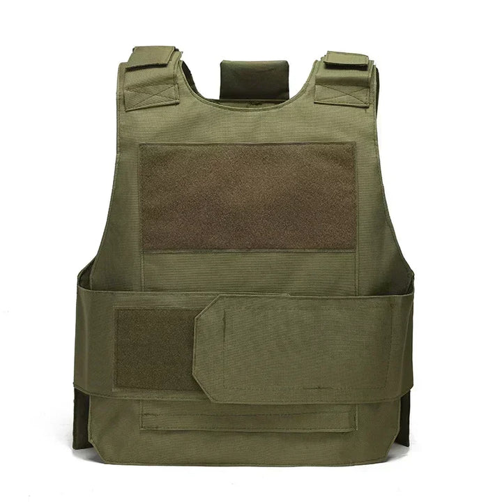 Green tactical vest with multiple pockets on a white background