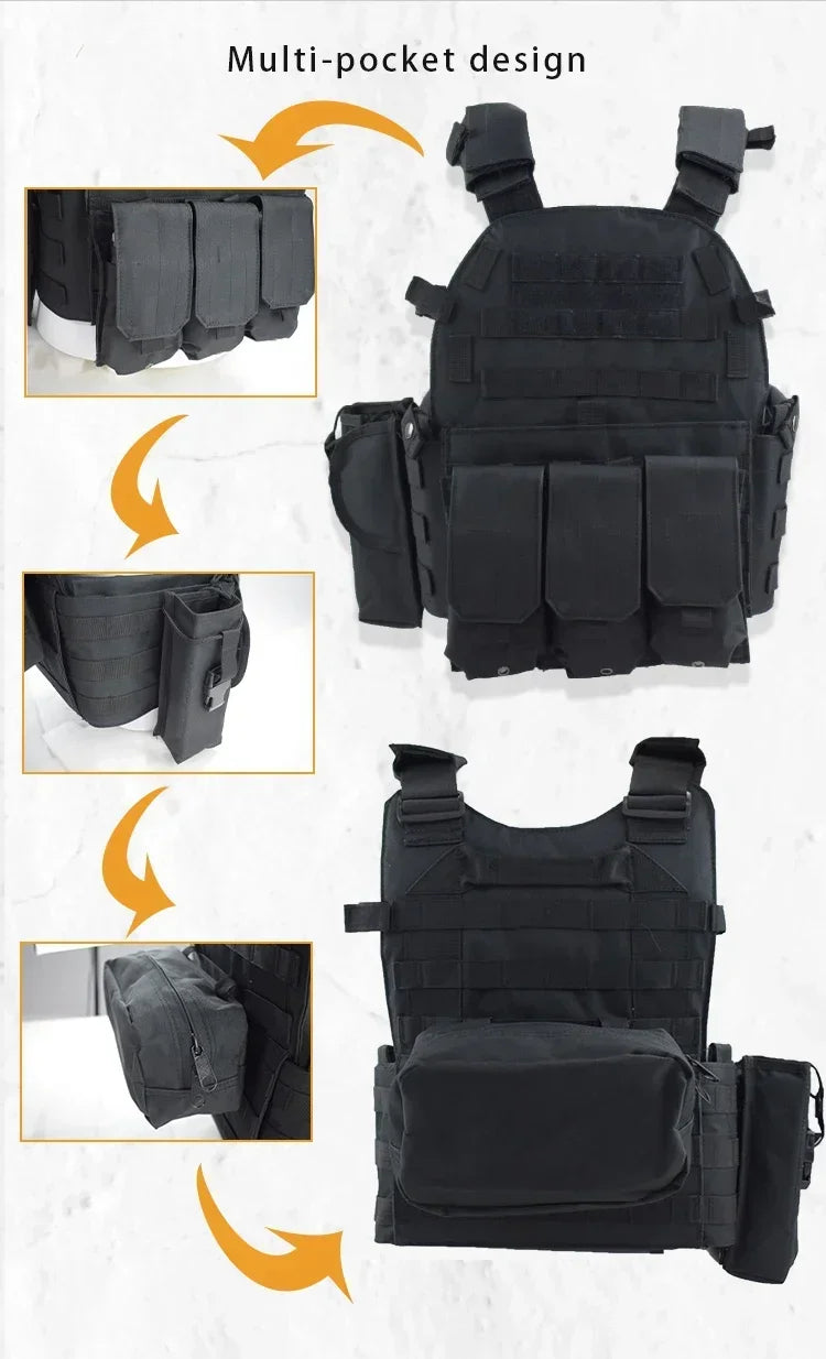 Black tactical vest with multiple pockets on a white background