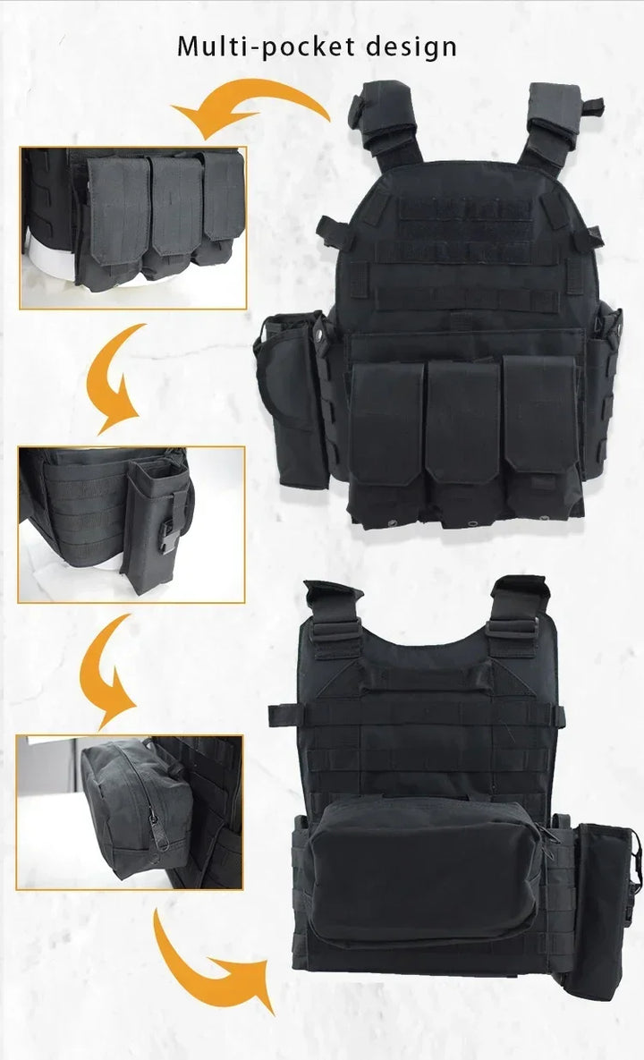 Black tactical vest with multiple pockets on a white background