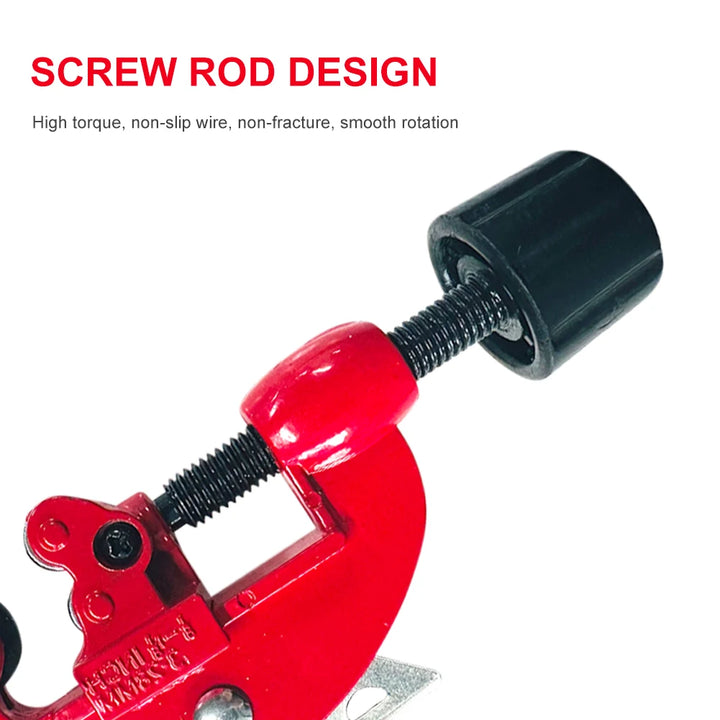 Red pipe cutter with black screw rod design on a white background