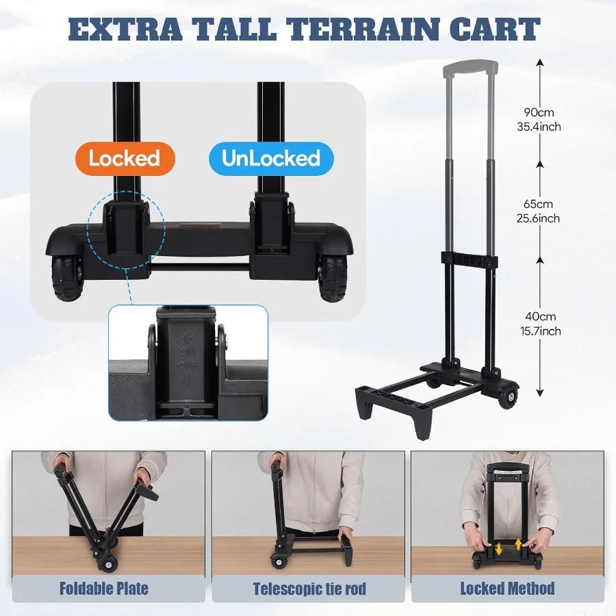 Extra tall terrain cart with locked and unlocked states, dimensions, and usage instructions.