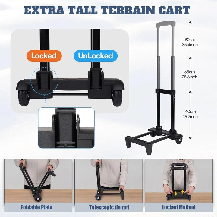 Extra tall terrain cart with locked and unlocked states, dimensions, and usage instructions.