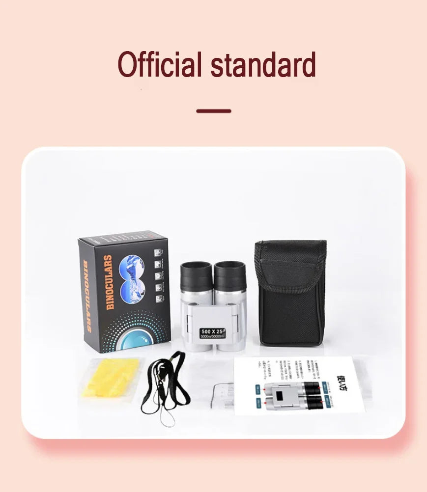 Binoculars with accessories on a white stand against a pink background