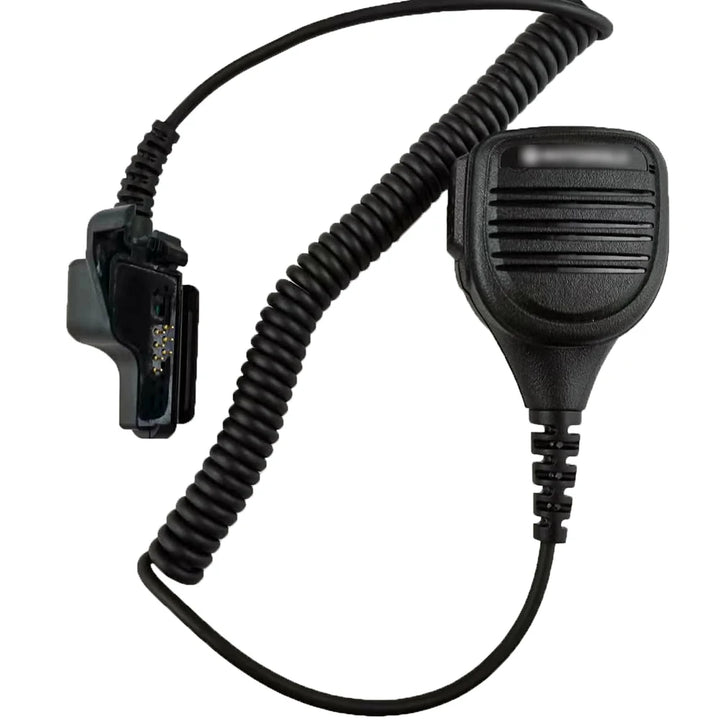 Black walkie-talkie microphone with coiled cable on a white background