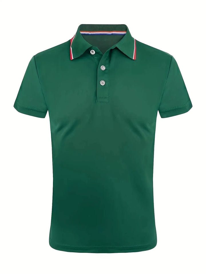 SmartGearPros Men's Polo Shirt in green, breathable polyester polo shirt with button collar and sporty design.