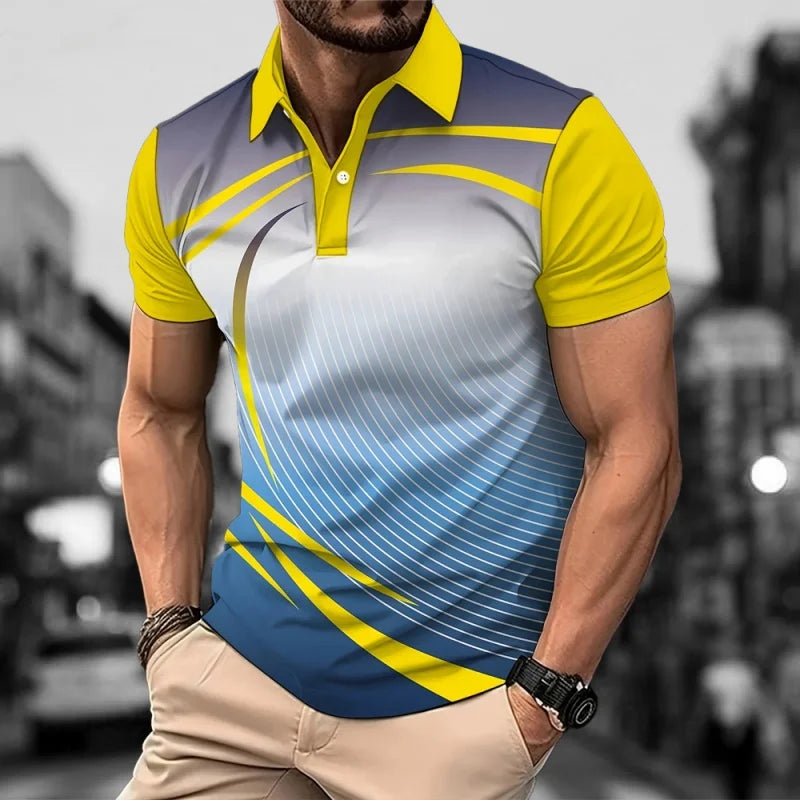 SmartGearPros 3D Printed Colorful Striped Polo Shirt – Geometric Pattern