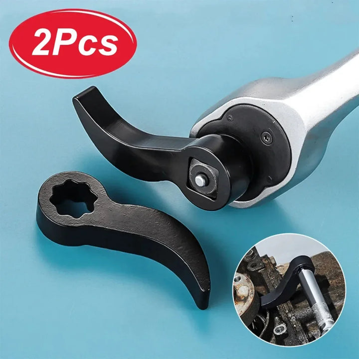 Two wrenches on a blue background with a close-up inset showing their use.