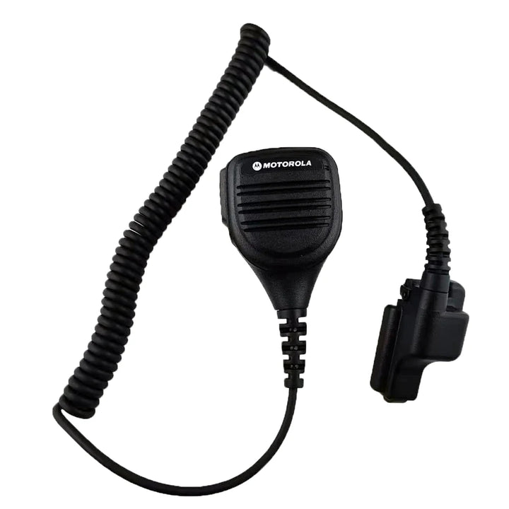 Black Motorola speaker microphone with coiled cable on a white background