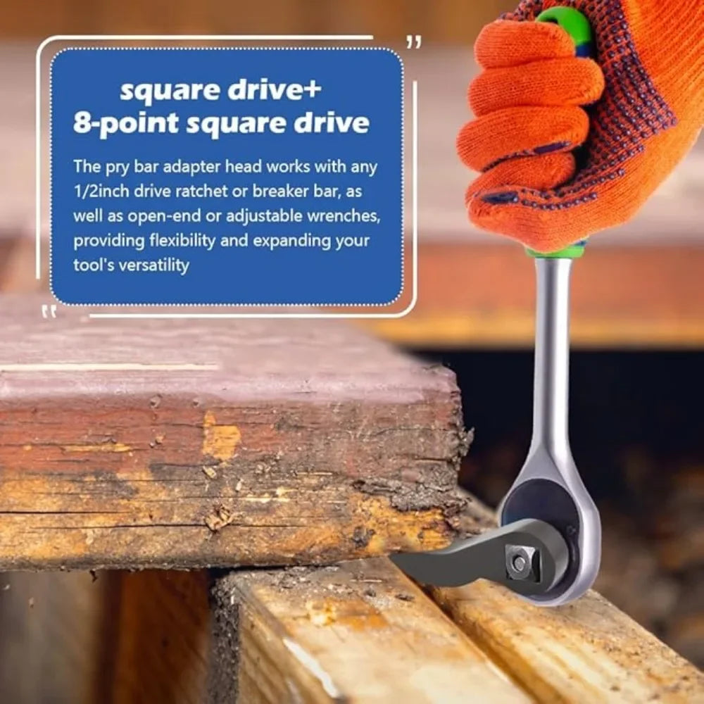 Hand holding a tool with text about square drive and 8-point square drive on a wooden background