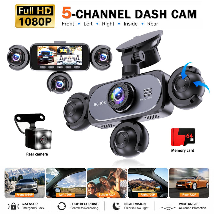 BCUOZ Multi-Camera Dash Cam – 1080P Front/720P Auxiliary