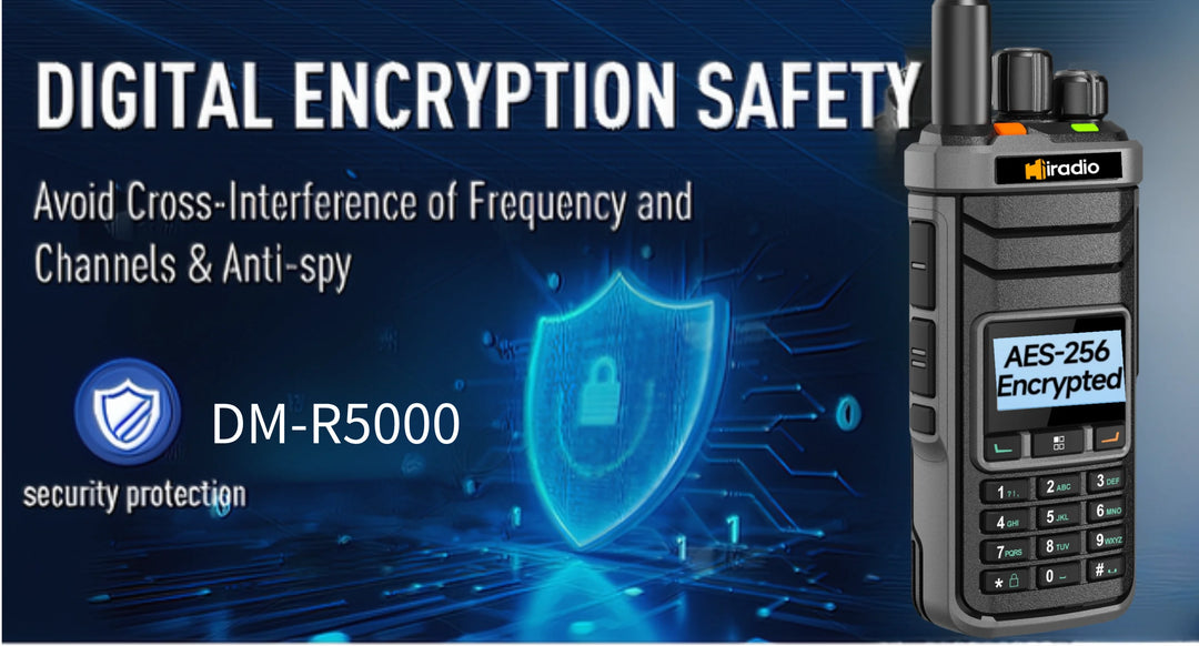 Digital encryption safety feature of a Micradio DM-R5000 communication device with shield icon and text.