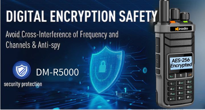 Digital encryption safety feature of a Micradio DM-R5000 communication device with shield icon and text.