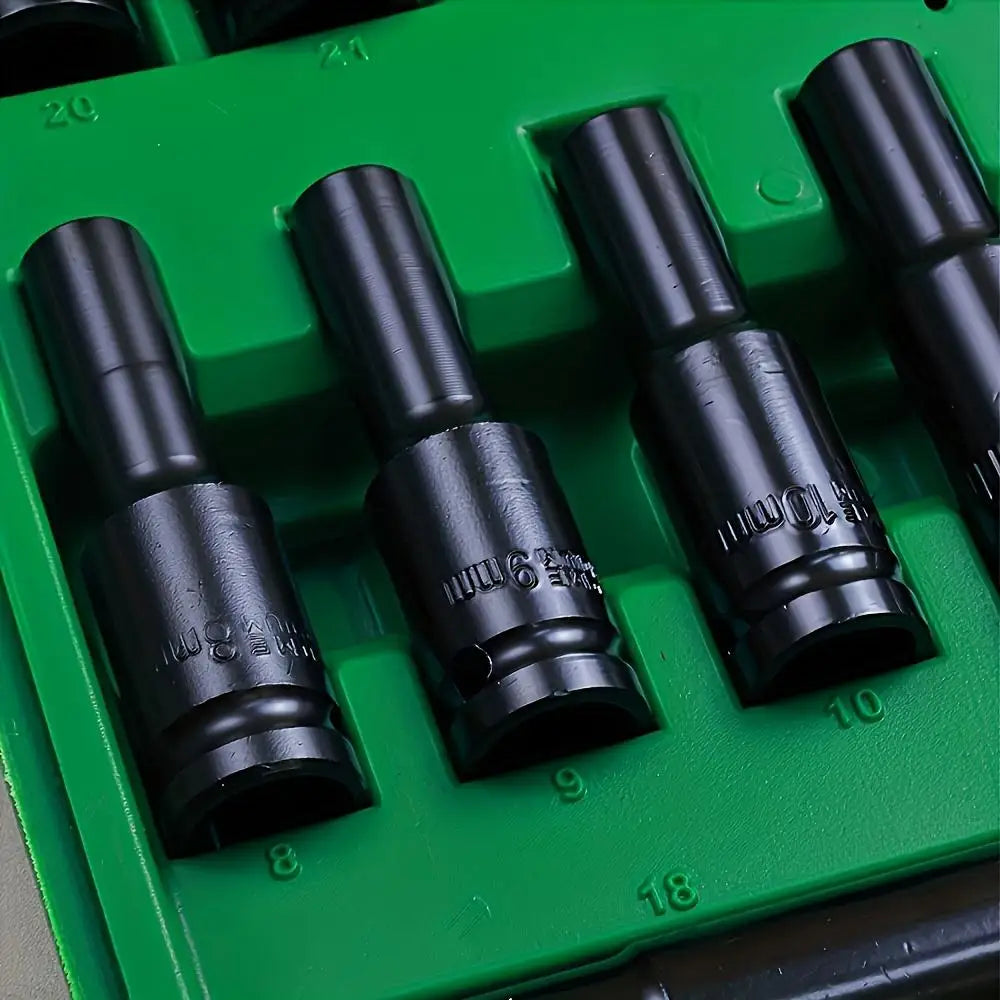 Heavy Duty 1 2 Inch Drive Hex Sleeve Set 20 Piece 8 32Mm Black Finish product image showing features or usage