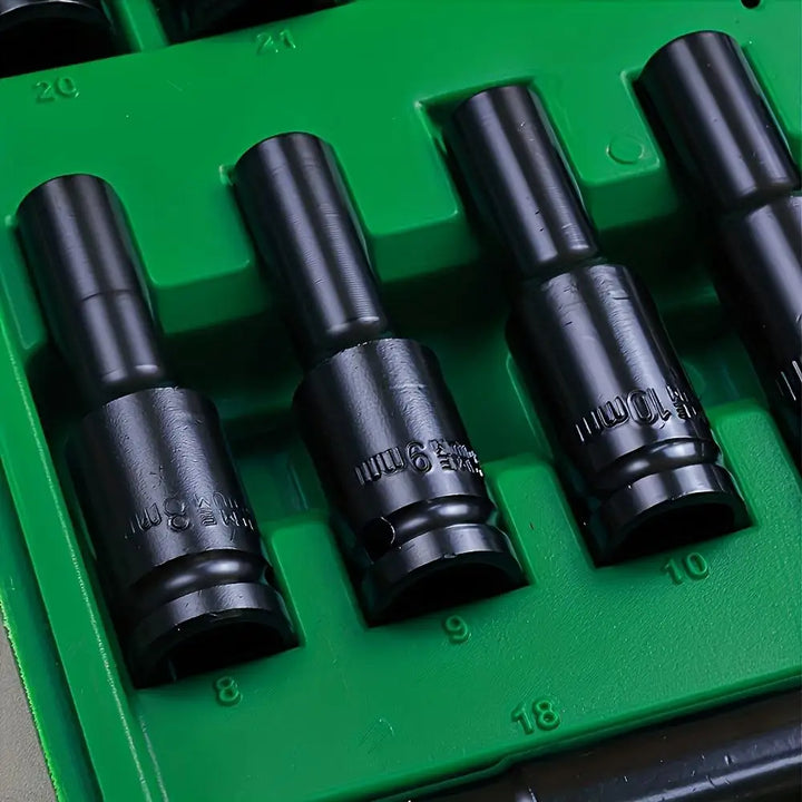 Heavy Duty 1 2 Inch Drive Hex Sleeve Set 20 Piece 8 32Mm Black Finish product image showing features or usage