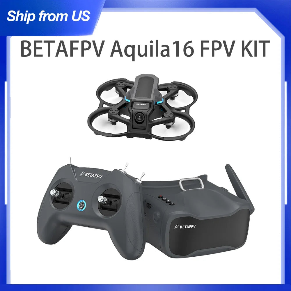 BETAFPV Aquila16 FPV drone kit with goggles, remote, and accessories on table