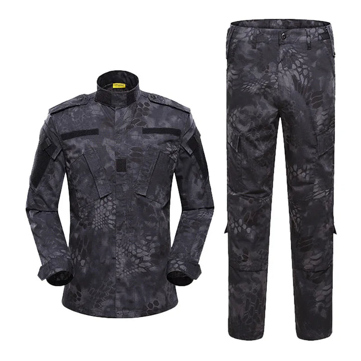 Black tactical jacket and pants with camouflage pattern on a white background
