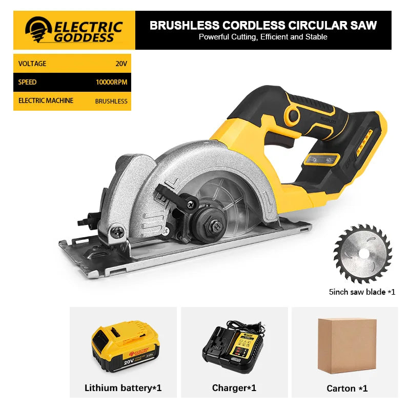5 Inch Brushless Circular Saw Cordless Rechargeable Chainsaw Battery Set Woodworking One Hand Chainsaw For Dewalt 20V Battery product image showing features or usage