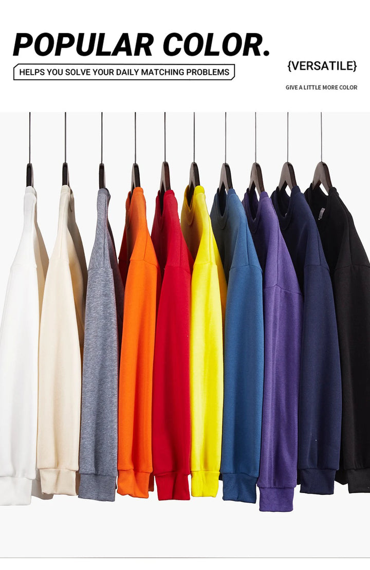 Row of colorful sweatshirts on hangers with text about versatility.