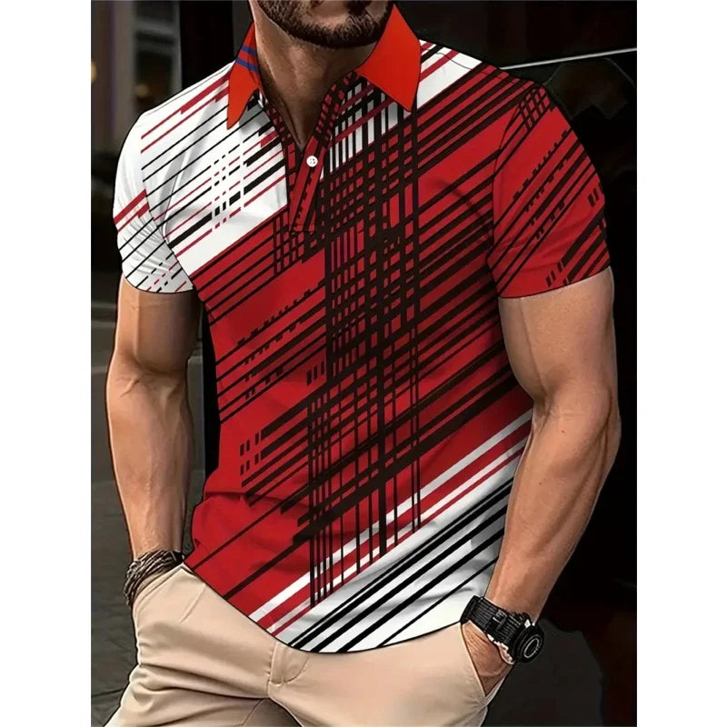 SmartGearPros 3D Printed Colorful Striped Polo Shirt – Geometric Pattern